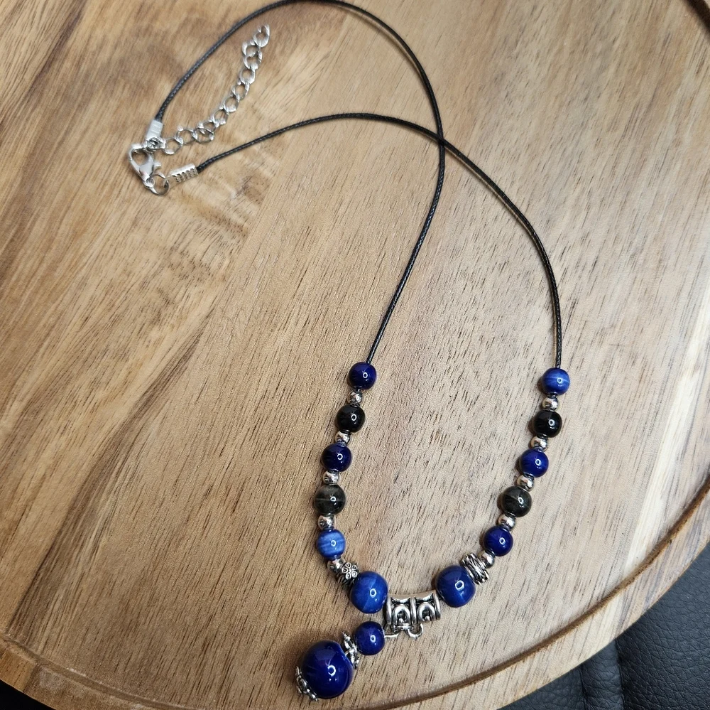 Women's Black Cord Necklace Blue Ceramic Beads Long Necklace NWOT Boho Unique